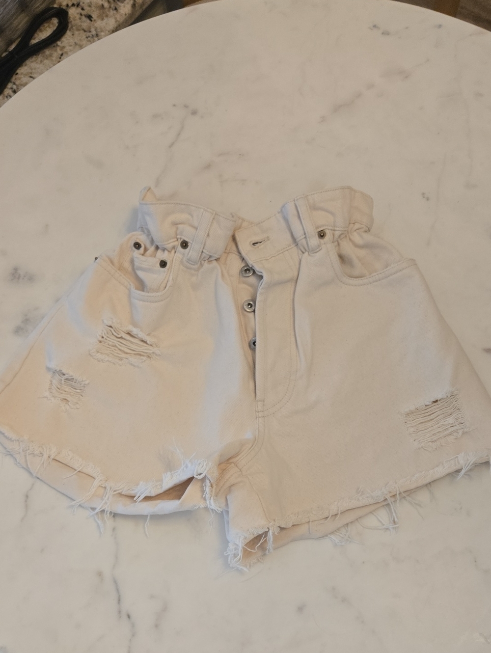 Miu Miu Cream High-Waist Distressed Denim Shorts